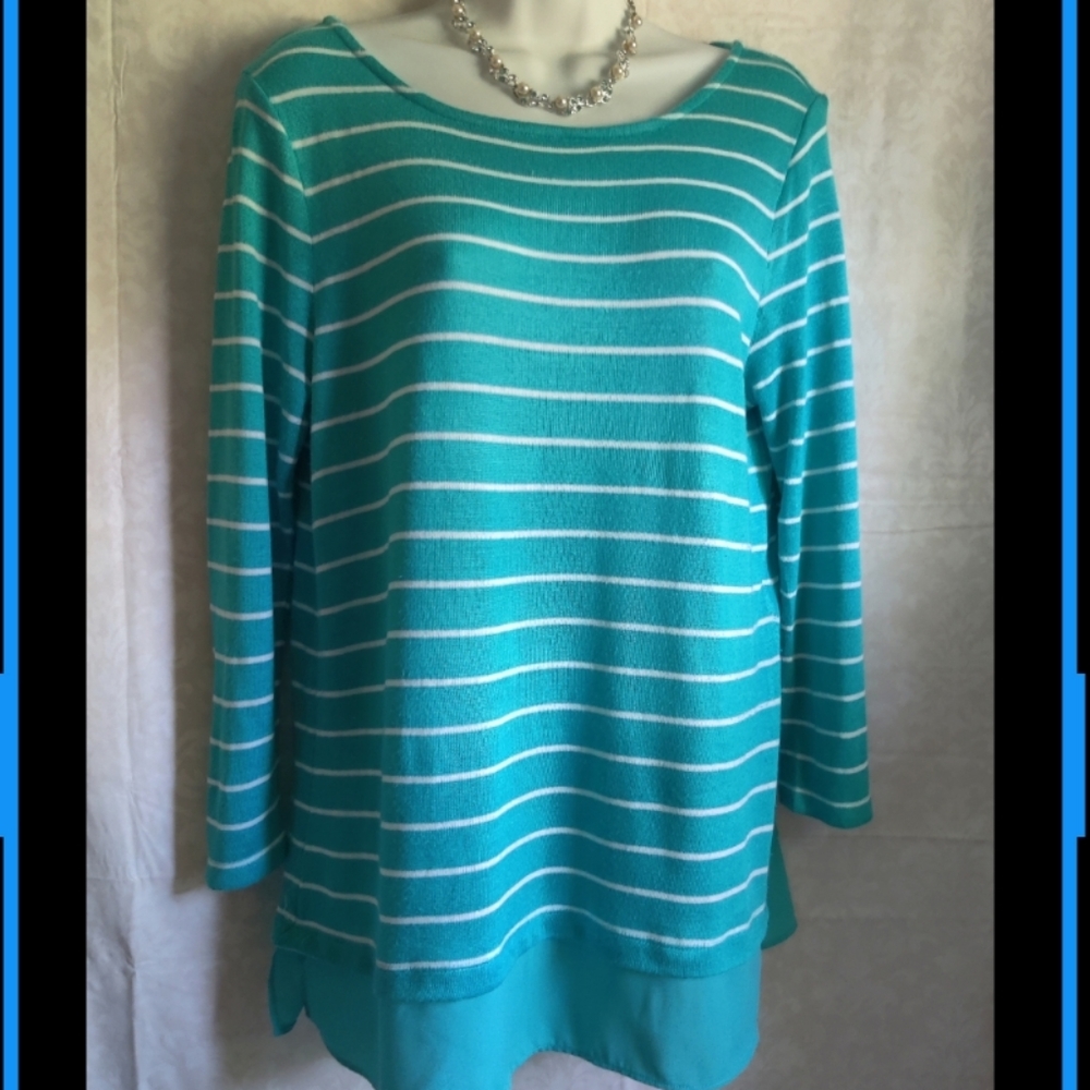 🗺️ Talbots Rayon Sheer Bottom Tunic Sweater Layered look, Size Small, Teal Blue